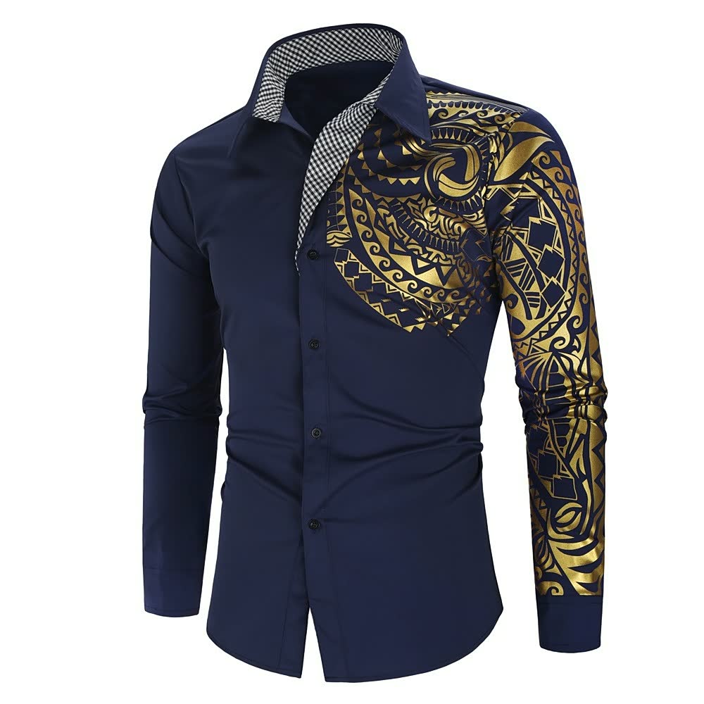 Spring And Autumn Men's Totem Gold Stamping Print Casual Long Sleeve Shirt