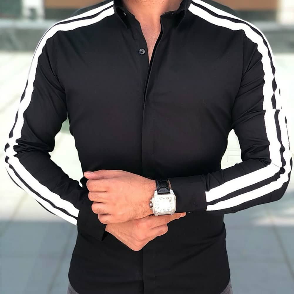 Men's Long Sleeve Pull Up Fashion Casual Two Bars Shirt