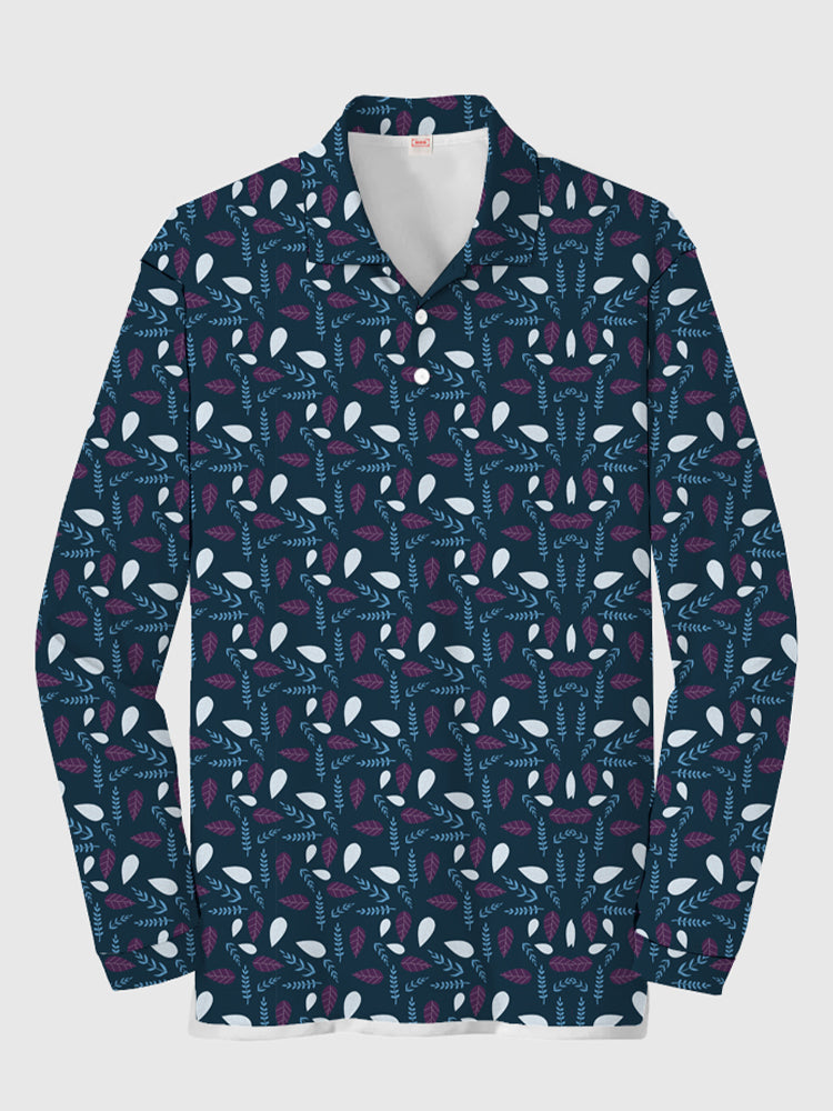 Full-Print Abstract Floral Pattern Printing Men��s Long Sleeve Polo