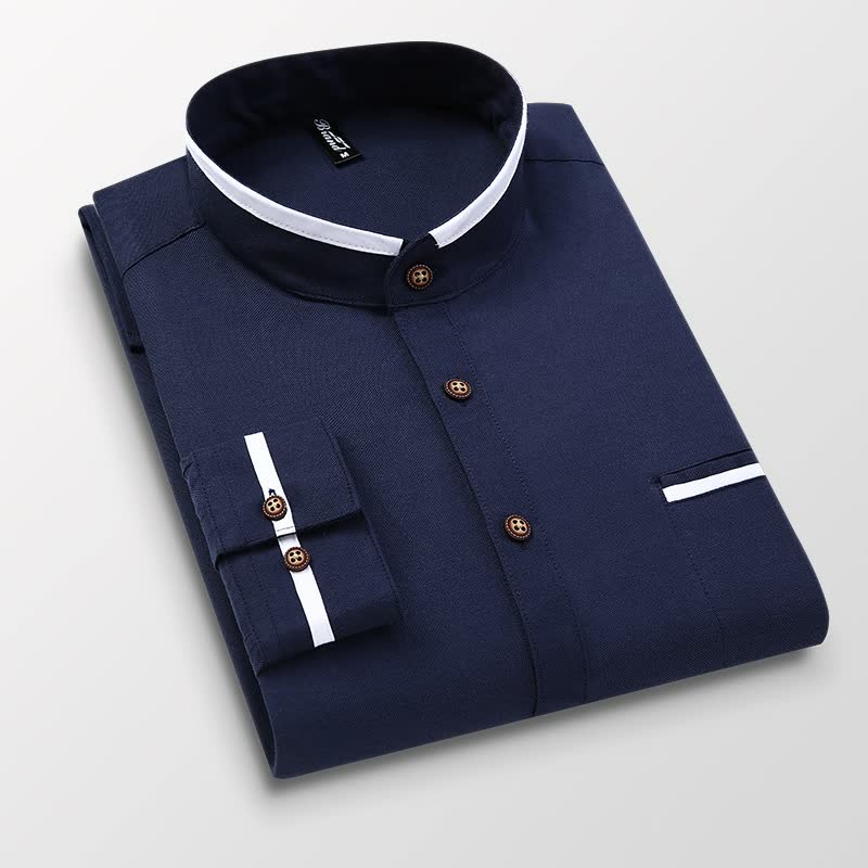 Men's Slim Business Standing Collar Long Sleeve Shirt